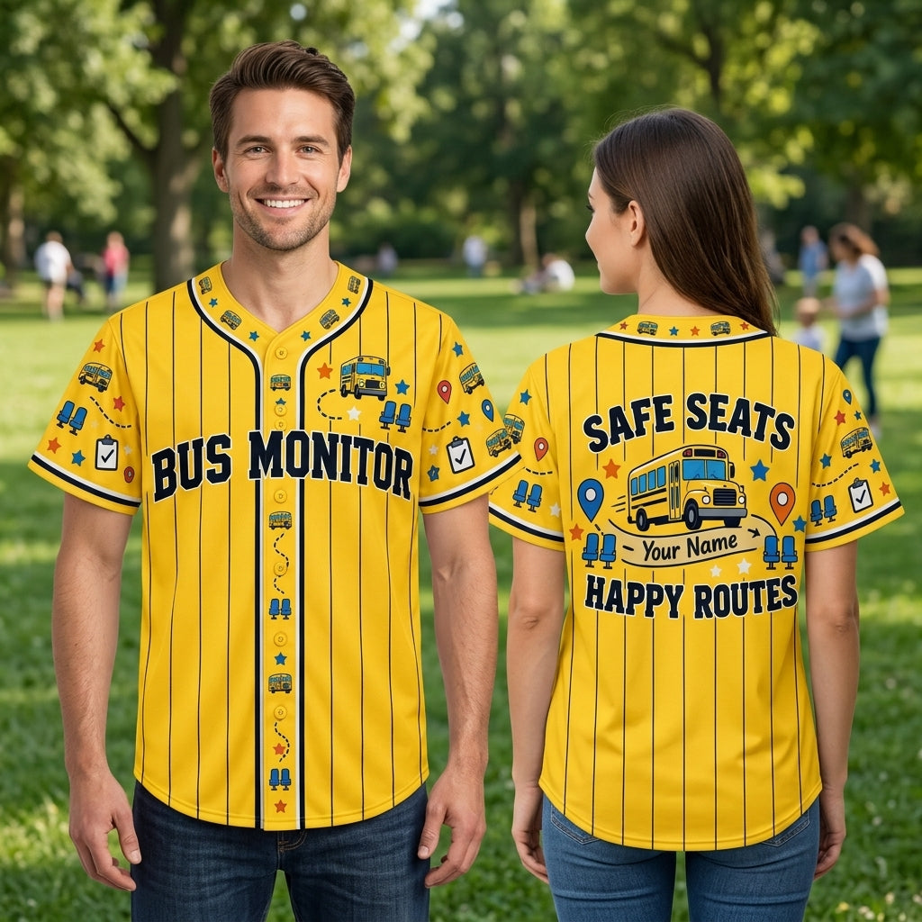 Custom Bus Monitor Safe Seats Happy Routes Baseball Jersey - School Staff Gift - mockup 1