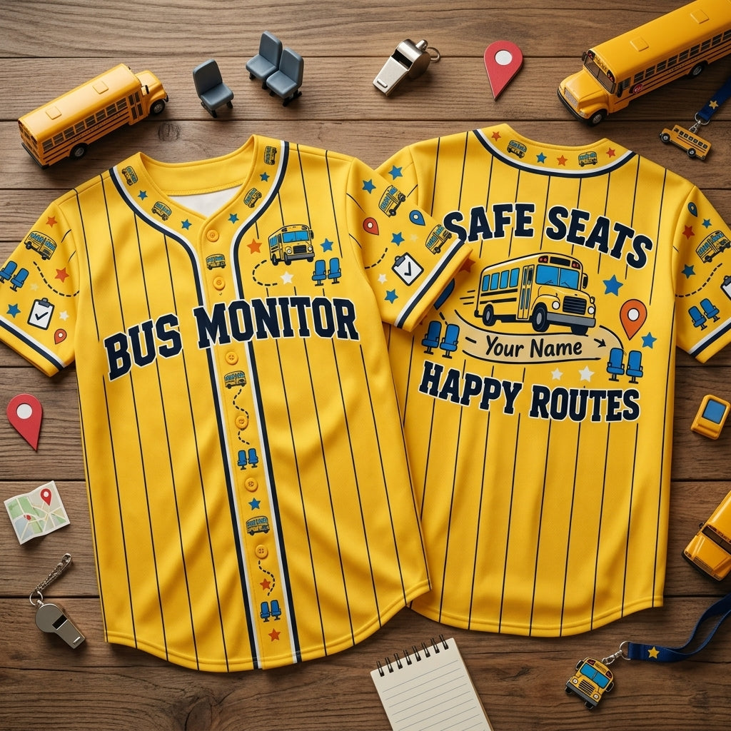 Custom Bus Monitor Safe Seats Happy Routes Baseball Jersey - School Staff Gift - mockup 2