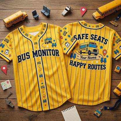 Custom Bus Monitor Safe Seats Happy Routes Baseball Jersey - School Staff Gift - mockup 2