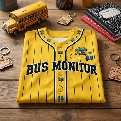 Custom Bus Monitor Safe Seats Happy Routes Baseball Jersey - School Staff Gift - mockup 3
