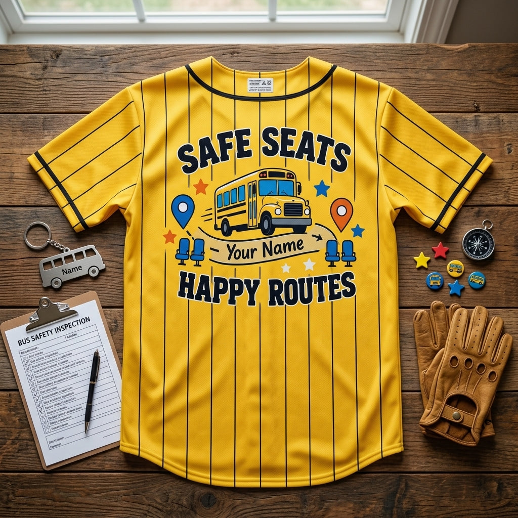 Custom Bus Monitor Safe Seats Happy Routes Baseball Jersey - School Staff Gift - mockup 4