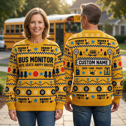 Custom Bus Monitor Ugly Sweater – Personalized School Staff Holiday Gift - mockup 1