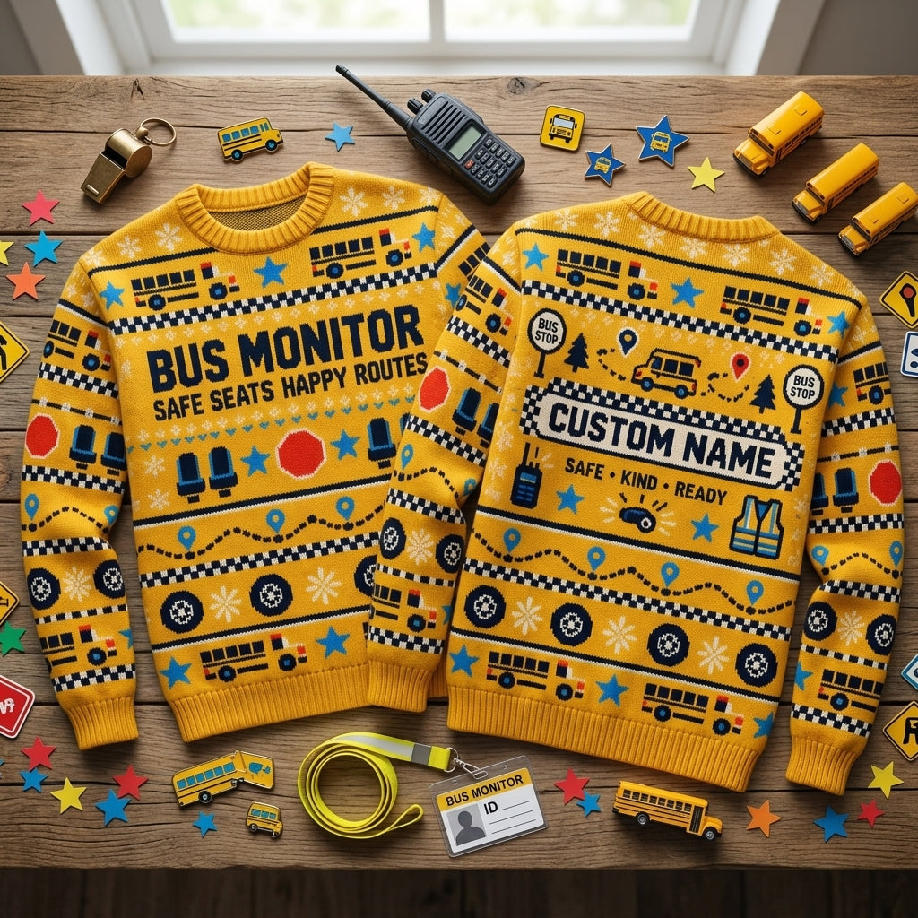 Custom Bus Monitor Ugly Sweater – Personalized School Staff Holiday Gift - mockup 2