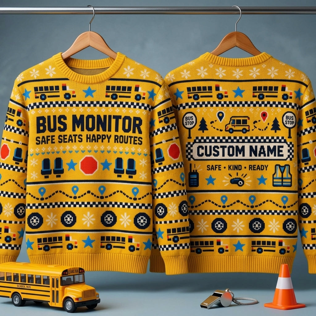 Custom Bus Monitor Ugly Sweater – Personalized School Staff Holiday Gift - mockup 3