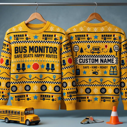 Custom Bus Monitor Ugly Sweater – Personalized School Staff Holiday Gift - mockup 3