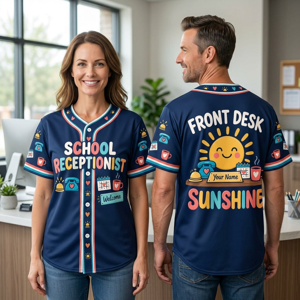Custom Front Desk Sunshine School Receptionist Baseball Jersey – Personalized Office Apparel - mockup 1