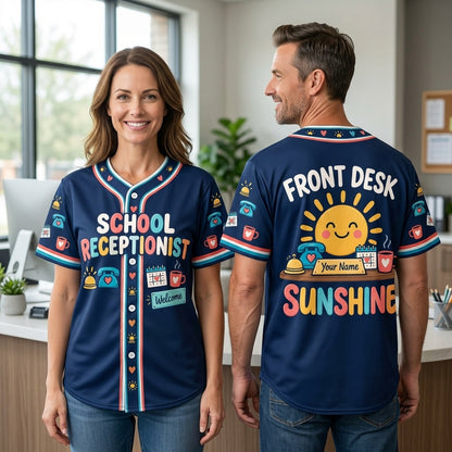 Custom Front Desk Sunshine School Receptionist Baseball Jersey – Personalized Office Apparel - mockup 1