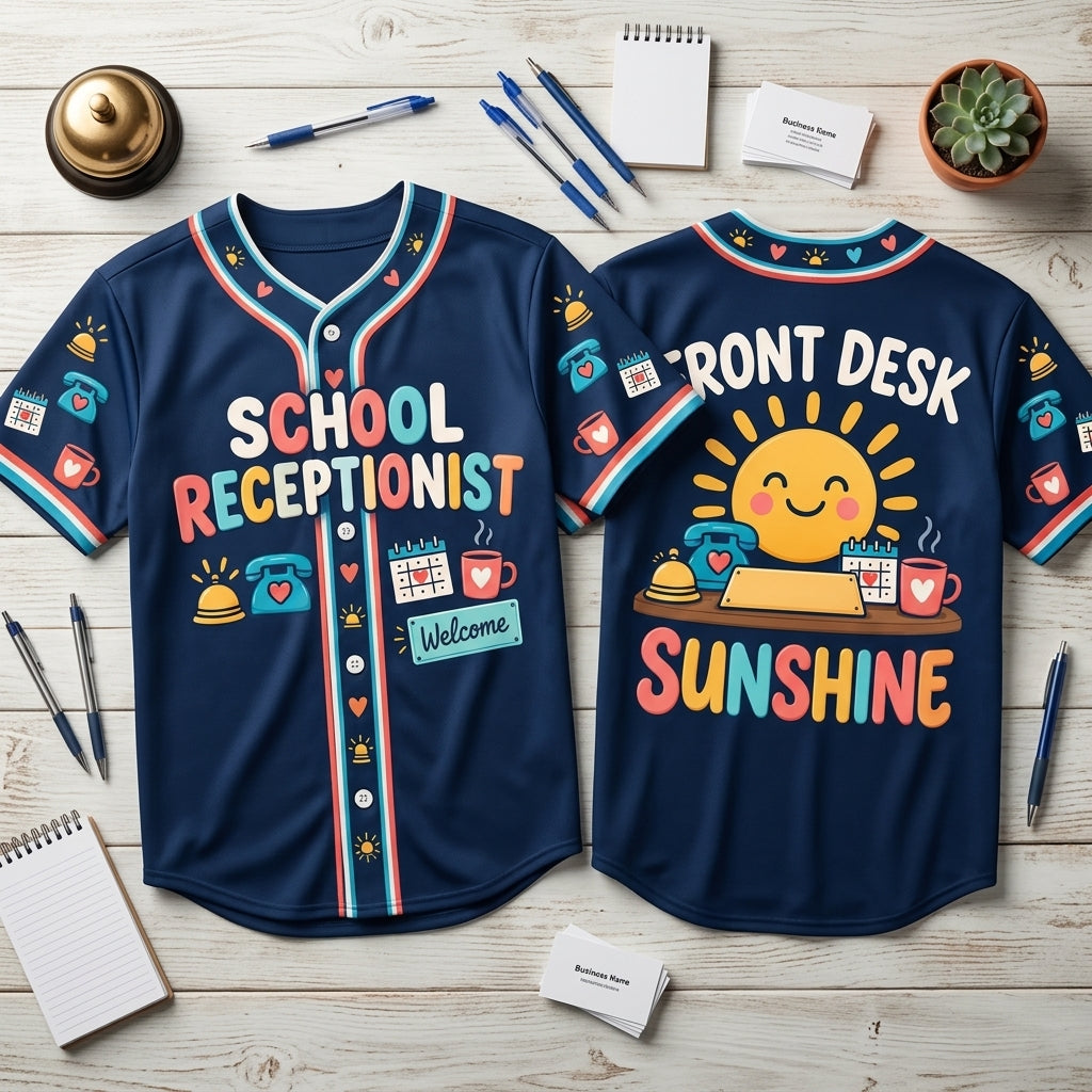 Custom Front Desk Sunshine School Receptionist Baseball Jersey – Personalized Office Apparel - mockup 2