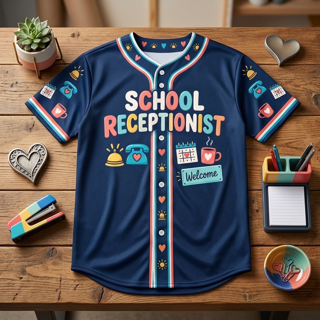 Custom Front Desk Sunshine School Receptionist Baseball Jersey – Personalized Office Apparel - mockup 3