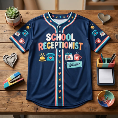 Custom Front Desk Sunshine School Receptionist Baseball Jersey – Personalized Office Apparel - mockup 3