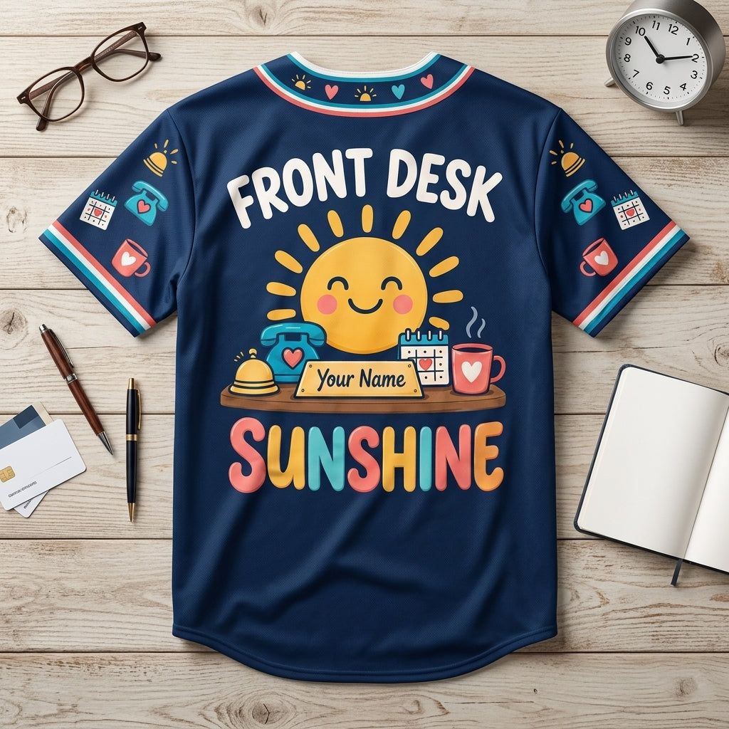 Custom Front Desk Sunshine School Receptionist Baseball Jersey – Personalized Office Apparel - mockup 4