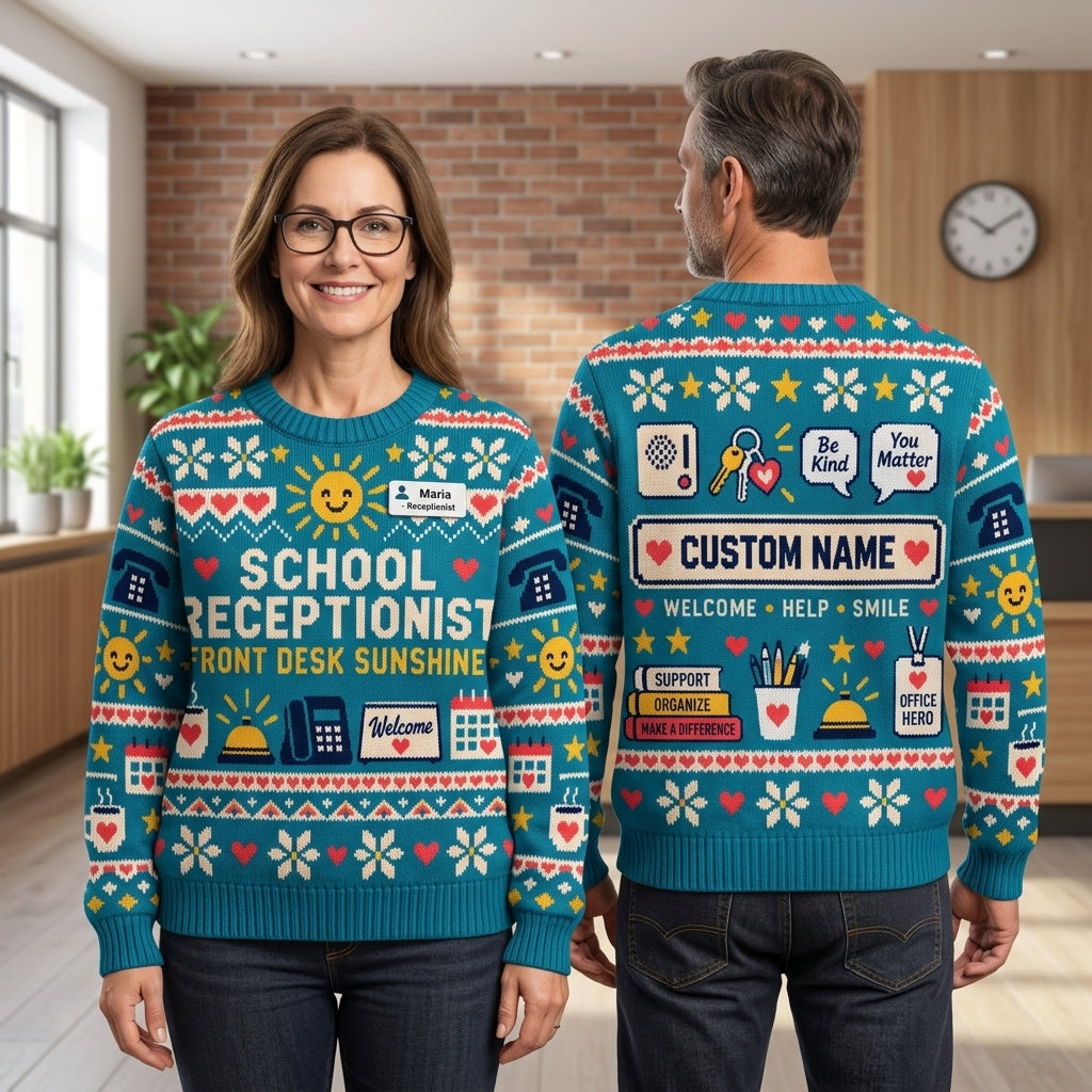 Personalized School Receptionist Front Desk Sunshine Ugly Sweater - Gift for Office Hero - mockup 1