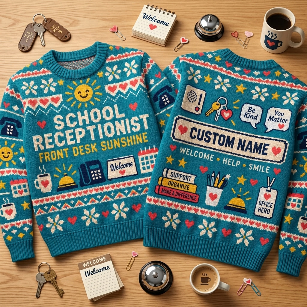 Personalized School Receptionist Front Desk Sunshine Ugly Sweater - Gift for Office Hero - mockup 2