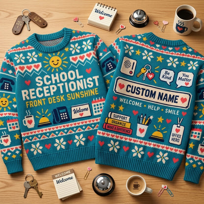 Personalized School Receptionist Front Desk Sunshine Ugly Sweater - Gift for Office Hero - mockup 2