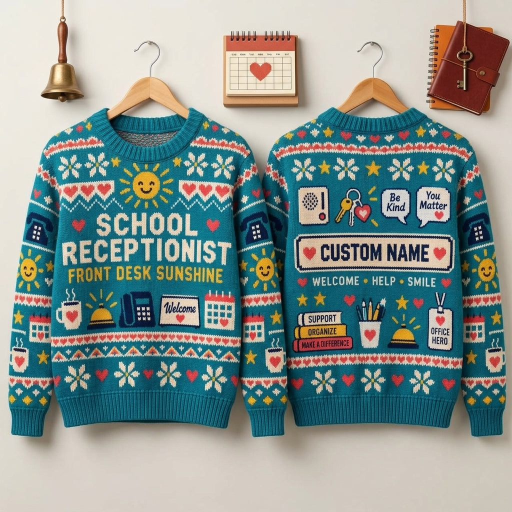 Personalized School Receptionist Front Desk Sunshine Ugly Sweater - Gift for Office Hero - mockup 3