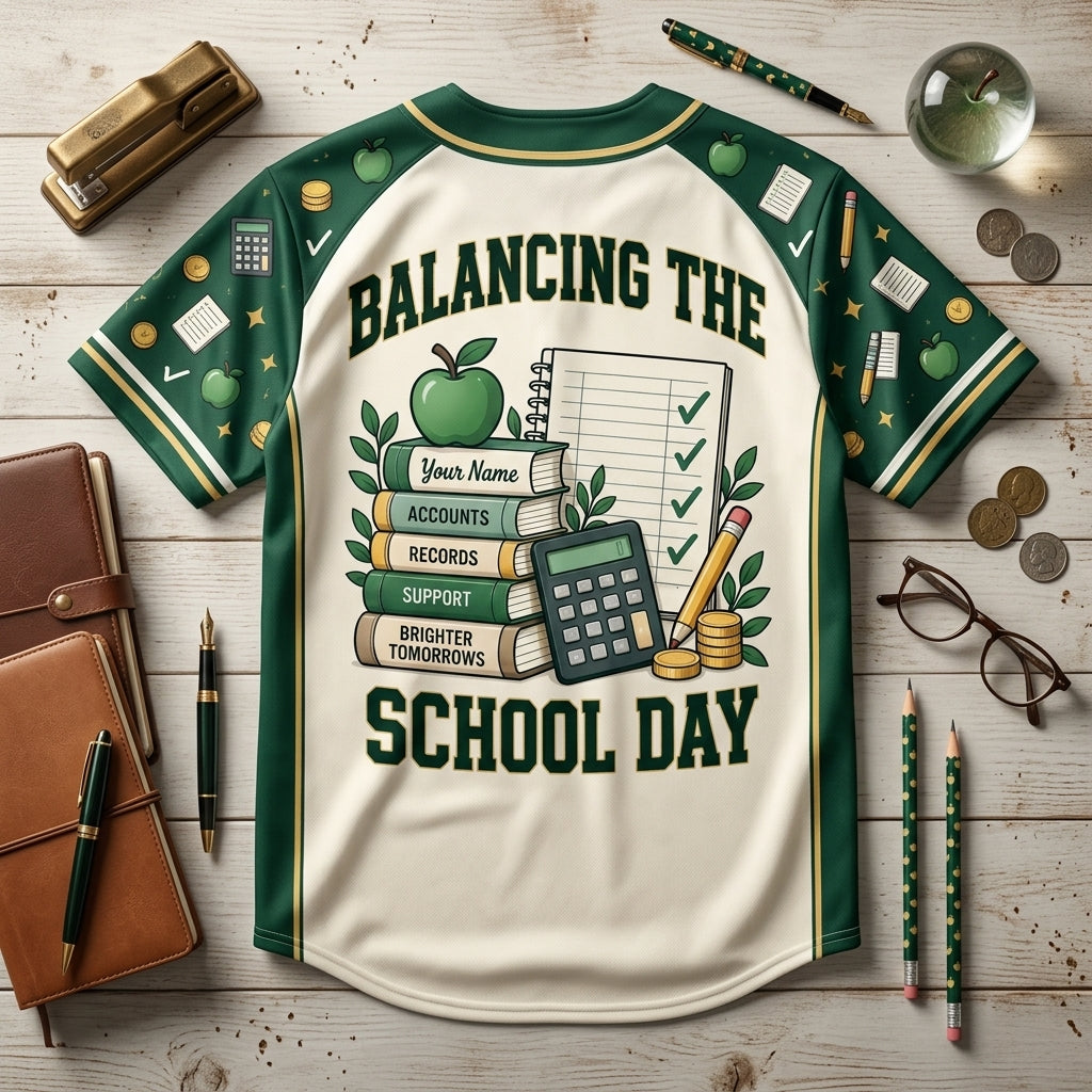 Custom School Bookkeeper Baseball Jersey - Balancing the School Day Apparel - mockup 4