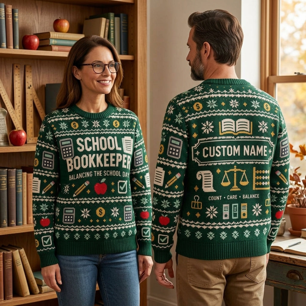 Custom School Bookkeeper Ugly Sweater - Personalized Office Holiday Gift - mockup 1