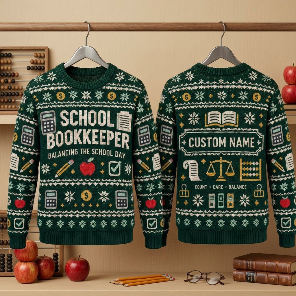 Custom School Bookkeeper Ugly Sweater - Personalized Office Holiday Gift - mockup 3