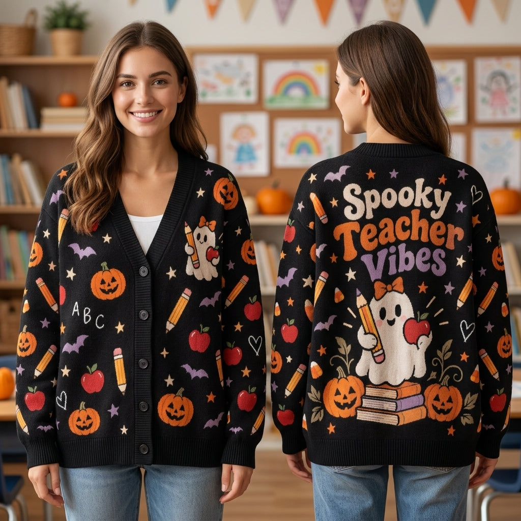 Spooky Teacher Vibes Ghost and Pumpkin Cardigan - Oversized Halloween Teacher Knit Sweater - mockup 1