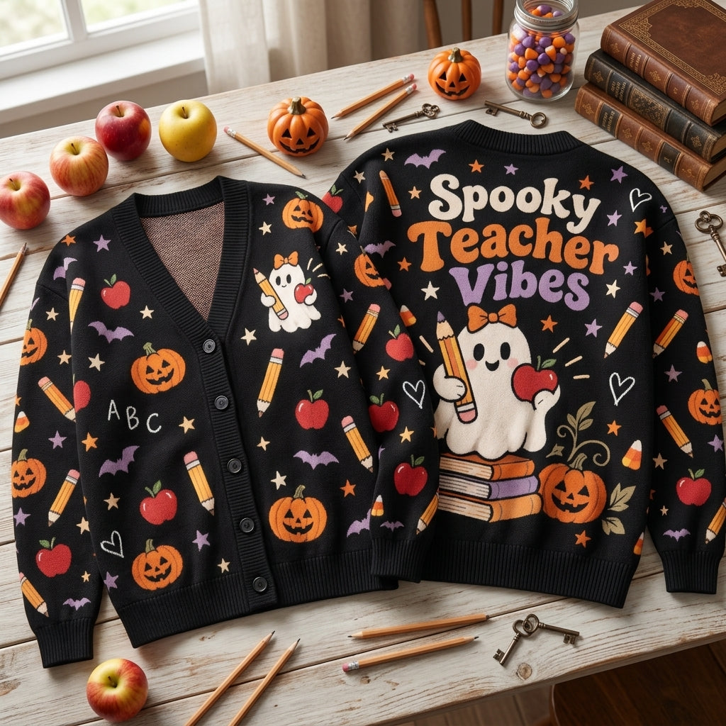 Spooky Teacher Vibes Ghost and Pumpkin Cardigan - Oversized Halloween Teacher Knit Sweater - mockup 2