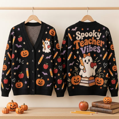 Spooky Teacher Vibes Ghost and Pumpkin Cardigan - Oversized Halloween Teacher Knit Sweater - mockup 3