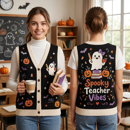 Spooky Teacher Vibes Halloween Knitted Cardigan Vest - Relaxed Fit Teacher Gift - mockup 1
