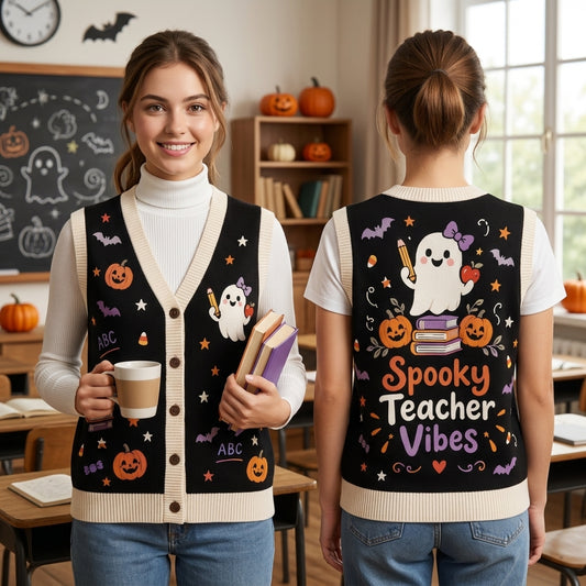 Spooky Teacher Vibes Halloween Knitted Cardigan Vest - Relaxed Fit Teacher Gift - mockup 1