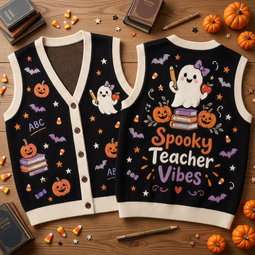 Spooky Teacher Vibes Halloween Knitted Cardigan Vest - Relaxed Fit Teacher Gift - mockup 2