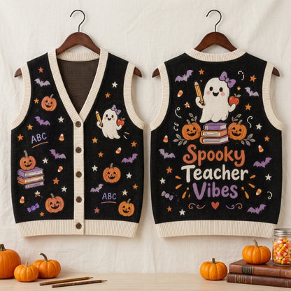 Spooky Teacher Vibes Halloween Knitted Cardigan Vest - Relaxed Fit Teacher Gift - mockup 3
