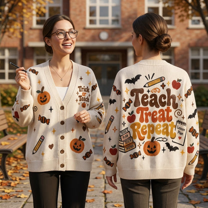 Teach Treat Repeat Halloween Teacher Cardigan – Oversized Fall V-Neck Knit Sweater for Educators - mockup 1