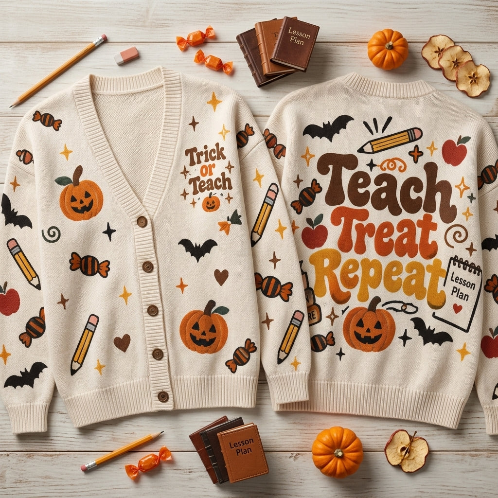 Teach Treat Repeat Halloween Teacher Cardigan – Oversized Fall V-Neck Knit Sweater for Educators - mockup 2