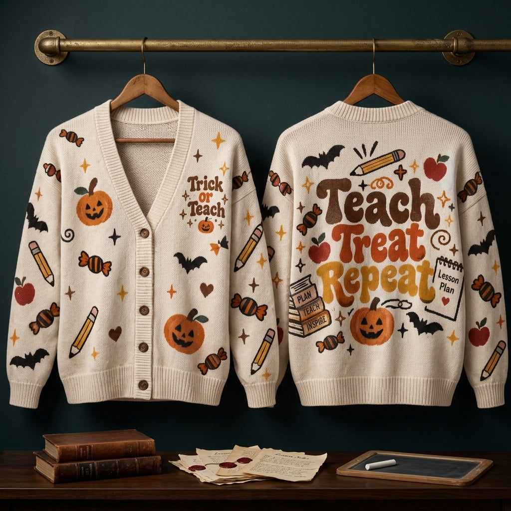 Teach Treat Repeat Halloween Teacher Cardigan – Oversized Fall V-Neck Knit Sweater for Educators - mockup 3