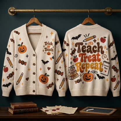 Teach Treat Repeat Halloween Teacher Cardigan – Oversized Fall V-Neck Knit Sweater for Educators - mockup 3