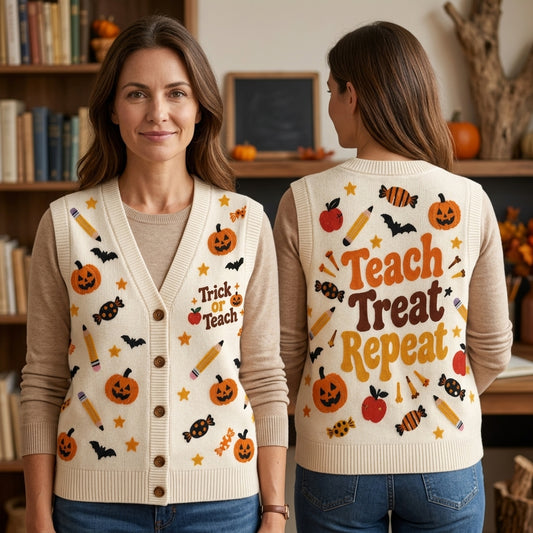 Teach Treat Repeat Halloween Teacher Cardigan Vest - Unisex V-Neck Knit Layer - mockup 1