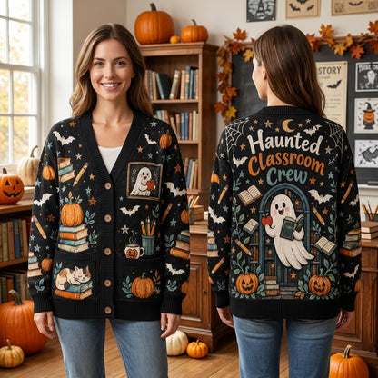 Haunted Classroom Teacher Cardigan - Spooky Ghost and Book Lover School Sweater - mockup 1