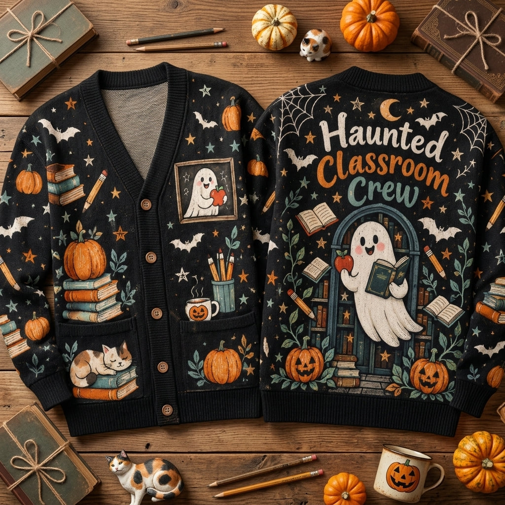 Haunted Classroom Teacher Cardigan - Spooky Ghost and Book Lover School Sweater - mockup 2