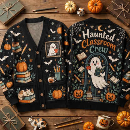 Haunted Classroom Teacher Cardigan - Spooky Ghost and Book Lover School Sweater - mockup 2