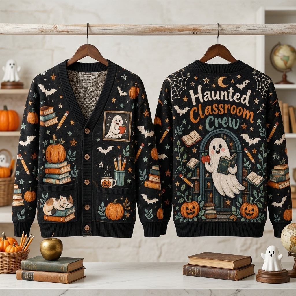 Haunted Classroom Teacher Cardigan - Spooky Ghost and Book Lover School Sweater - mockup 3