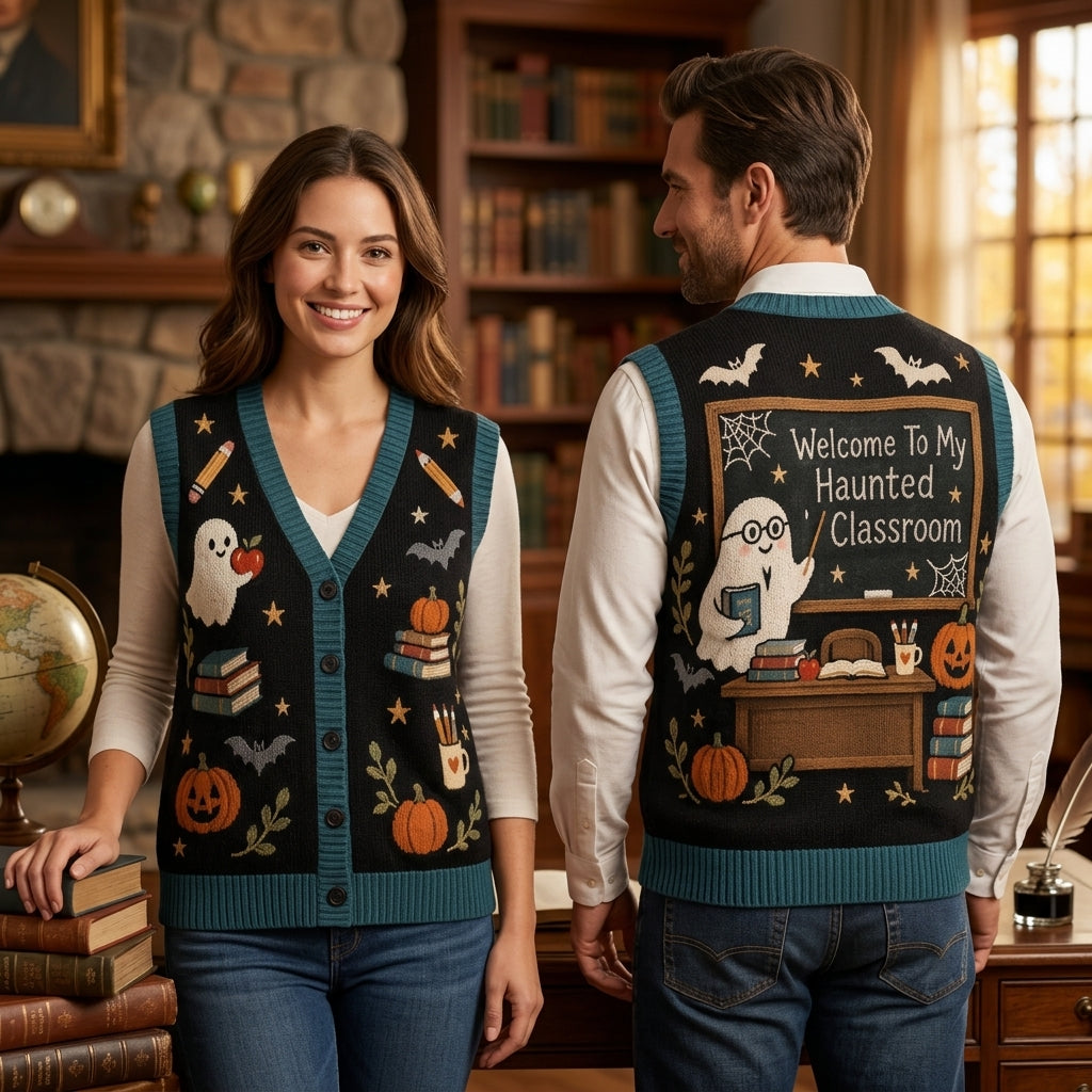 Haunted Classroom Teacher Cardigan Vest - Spooky Ghost School Halloween Top - mockup 1