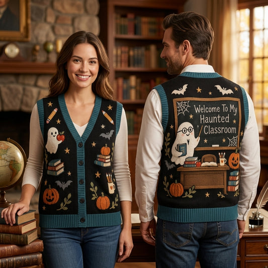 Haunted Classroom Teacher Cardigan Vest - Spooky Ghost School Halloween Top - mockup 1