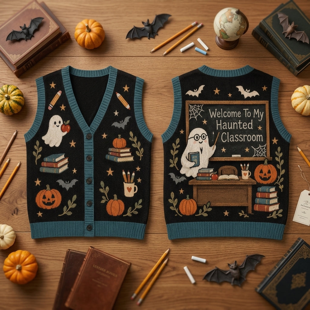 Haunted Classroom Teacher Cardigan Vest - Spooky Ghost School Halloween Top - mockup 2