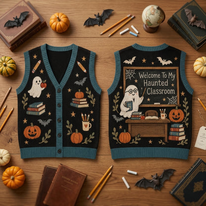 Haunted Classroom Teacher Cardigan Vest - Spooky Ghost School Halloween Top - mockup 2