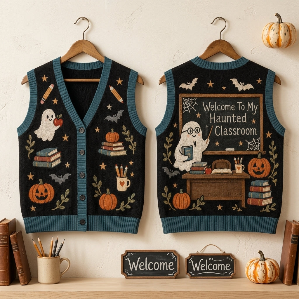 Haunted Classroom Teacher Cardigan Vest - Spooky Ghost School Halloween Top - mockup 3