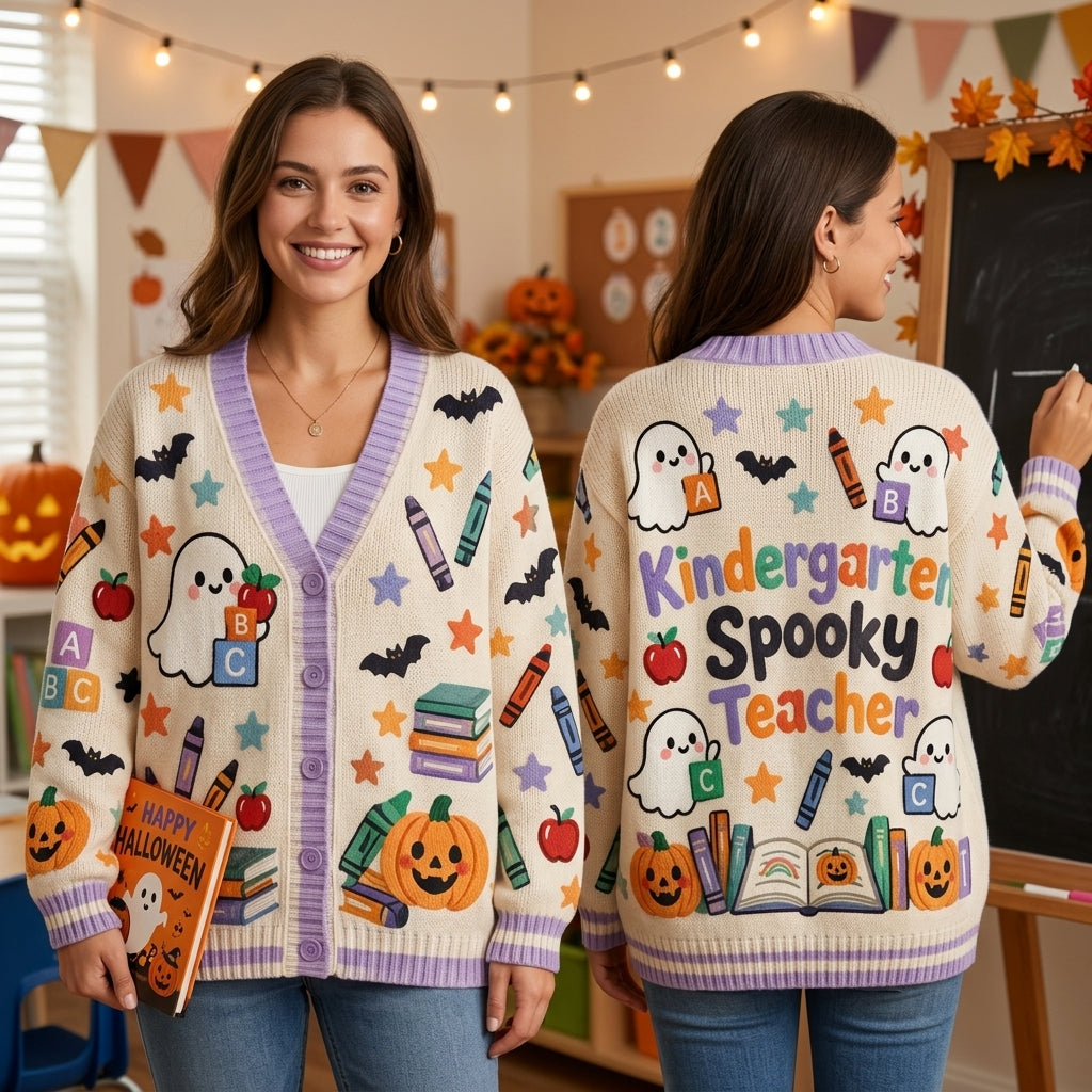 Kindergarten Spooky Teacher Halloween Cardigan – Cute Ghost & School Supplies Sweater - mockup 1