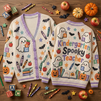 Kindergarten Spooky Teacher Halloween Cardigan – Cute Ghost & School Supplies Sweater - mockup 2