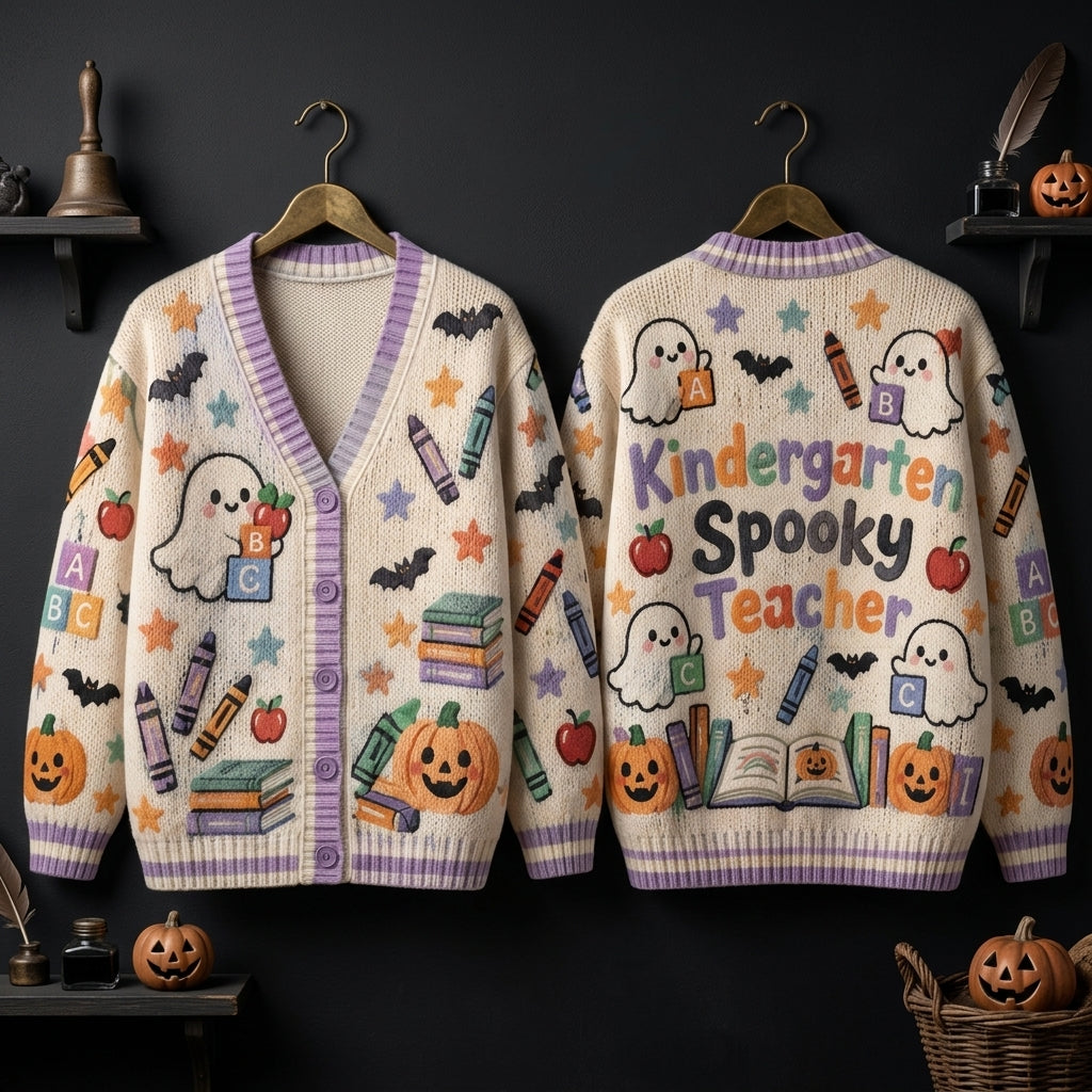 Kindergarten Spooky Teacher Halloween Cardigan – Cute Ghost & School Supplies Sweater - mockup 3