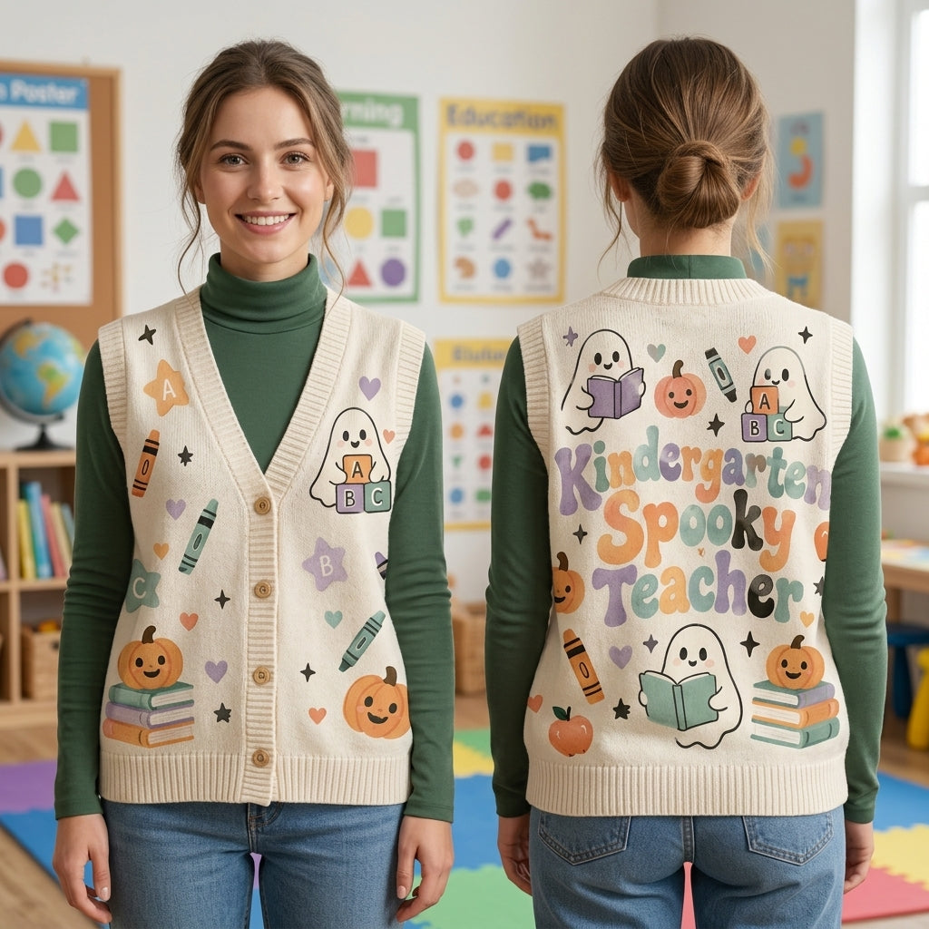 Retro Kindergarten Spooky Teacher Cardigan Vest - Halloween School Apparel - mockup 1