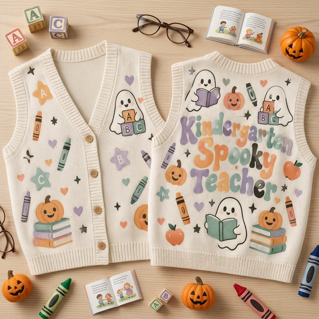 Retro Kindergarten Spooky Teacher Cardigan Vest - Halloween School Apparel - mockup 2