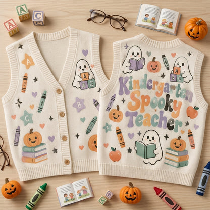 Retro Kindergarten Spooky Teacher Cardigan Vest - Halloween School Apparel - mockup 2