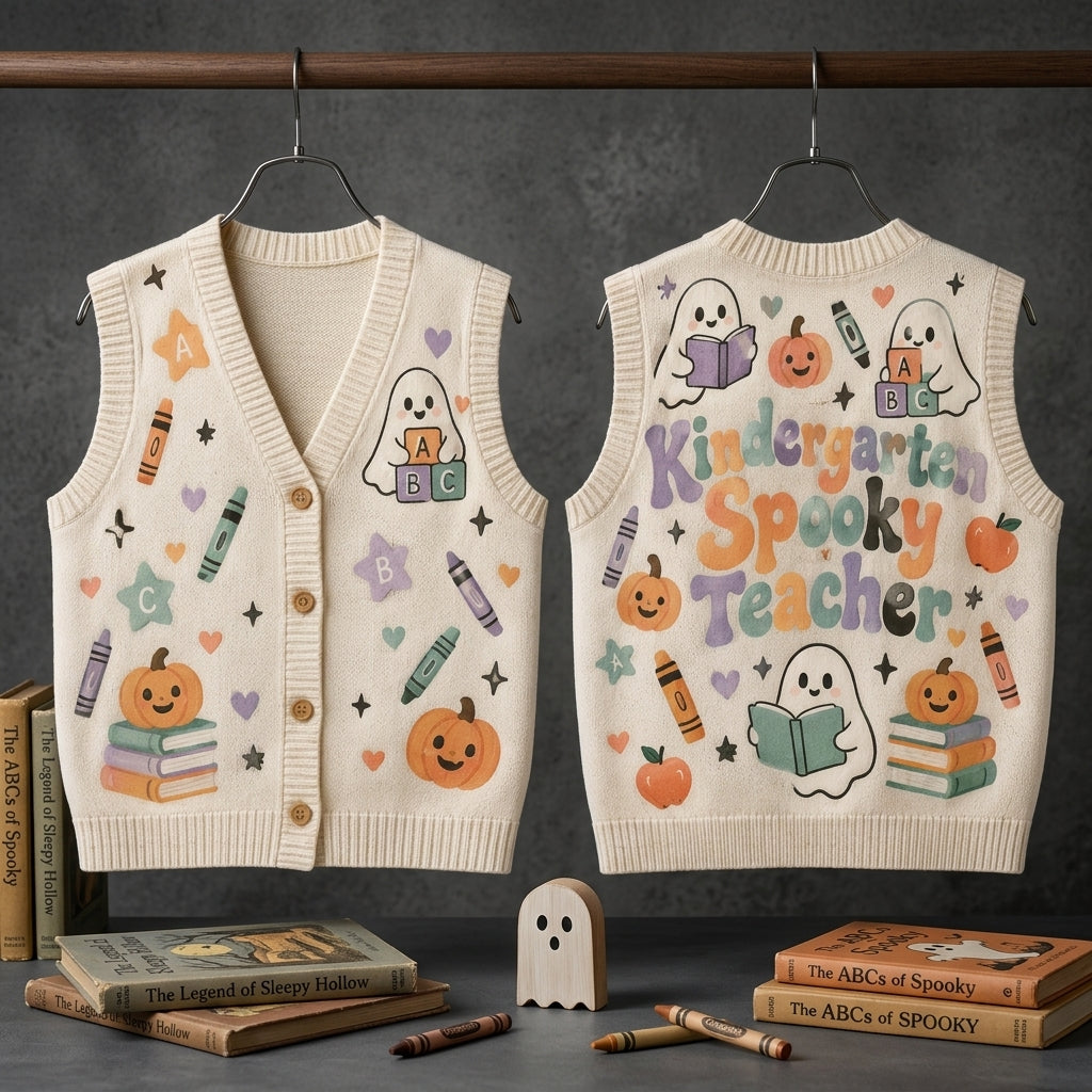Retro Kindergarten Spooky Teacher Cardigan Vest - Halloween School Apparel - mockup 3